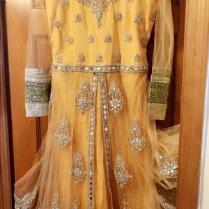 Peach mirror work Anarkali